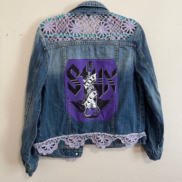 STS Blue Trucker Jacket Upcycled w/Styx Graphic & Crochet Details Size S - Picture 1 of 10